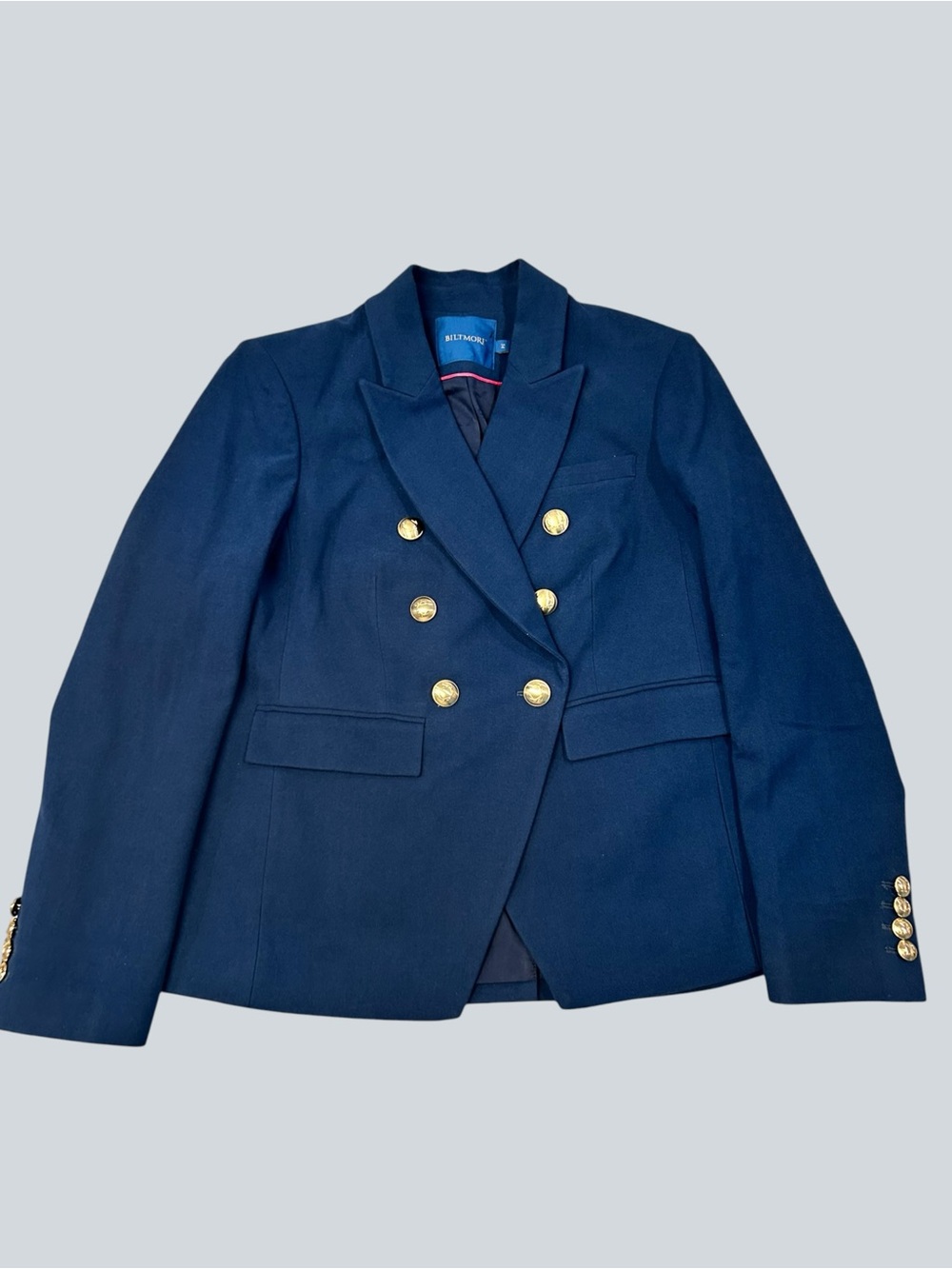 NEW Biltmore Navy Blue Wool Blend Double-Breasted Blazer Gold Buttons Women’s 14